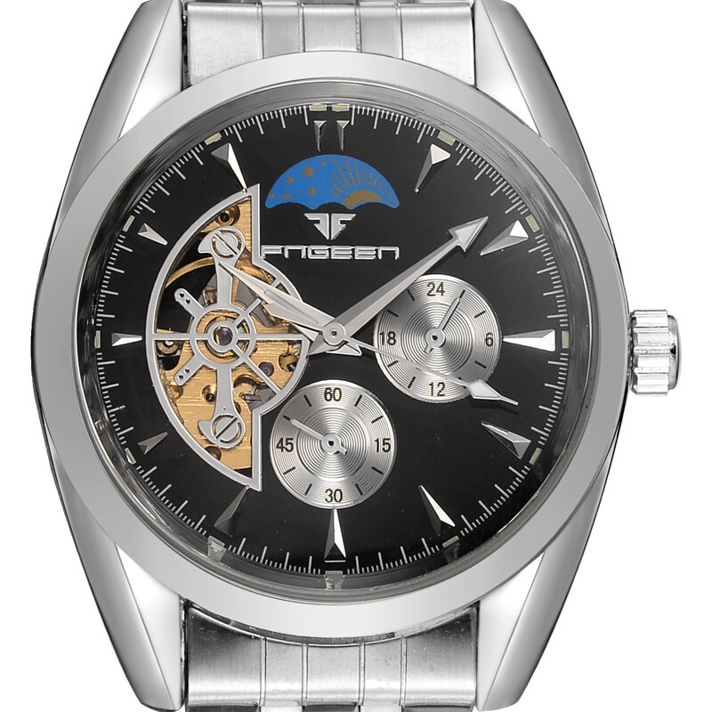 芬尊fngeen新品男士手表六针夜光防水三眼镂空自动机械表男商务休闲