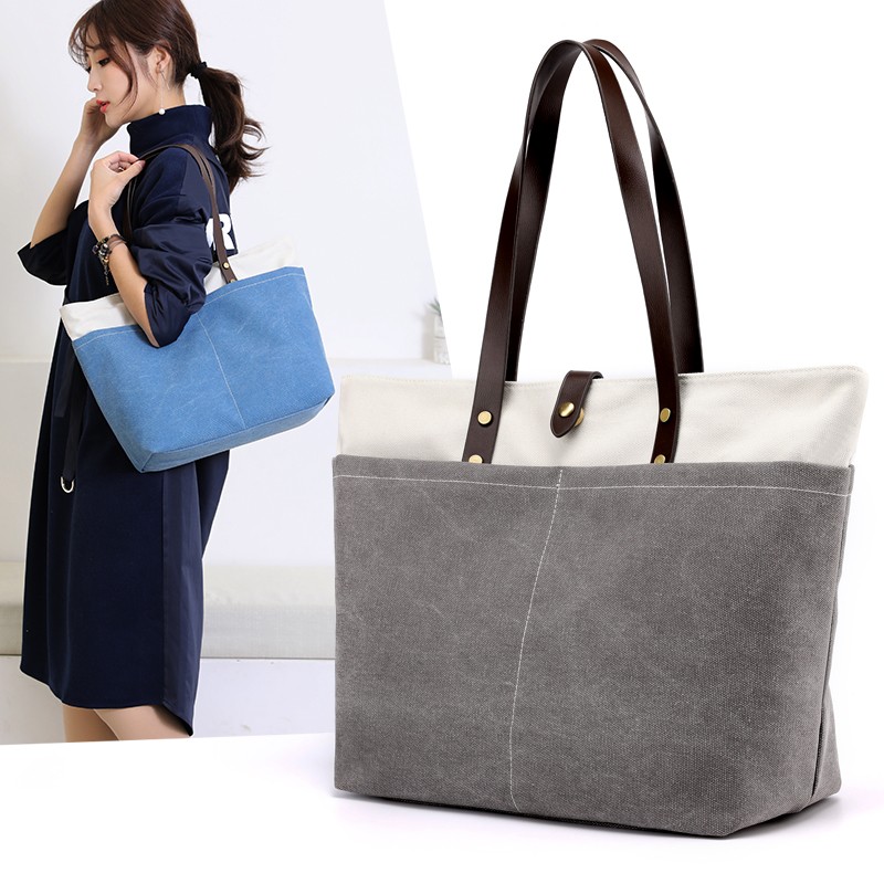 帆布包女单肩手提撞色帆布袋布兜大容量时尚轻便简约多兜女士休闲包包