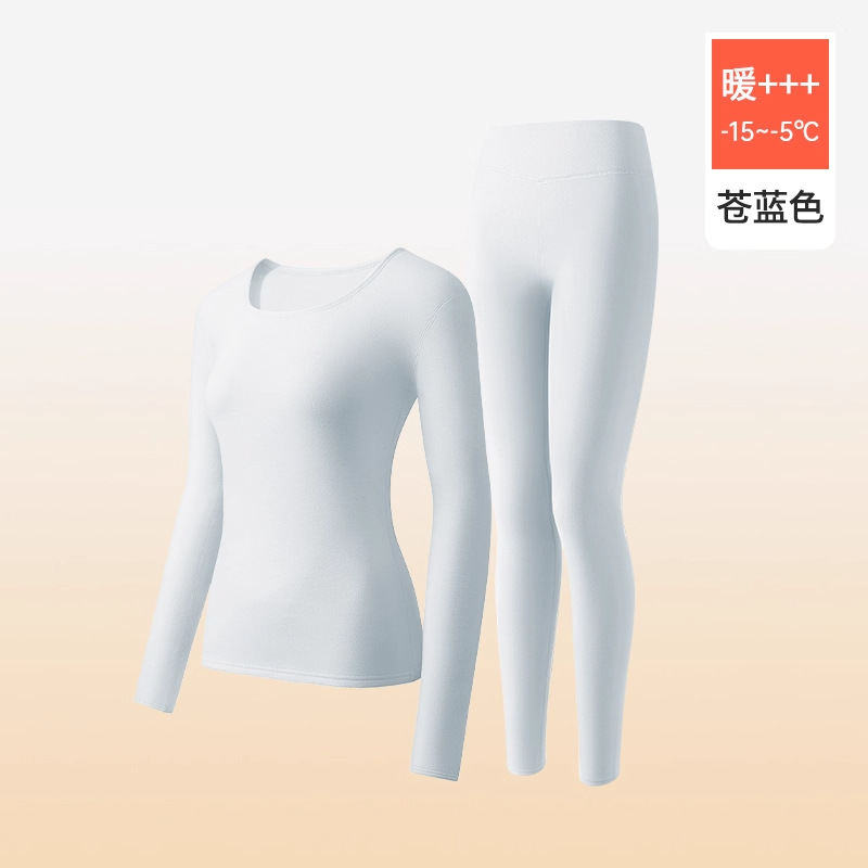 10A羊羔绒保暖内衣女加厚加绒秋冬季圆领一体绒秋衣秋裤套装 圆领套装-苍蓝色【三倍加厚羊羔绒保暖】 XLXL【适合110-120斤】