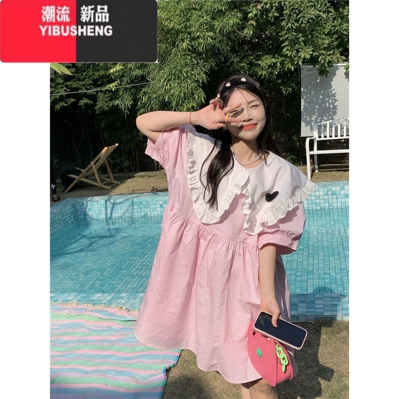 YIBUSHENG大码女装胖mm2024季韩版甜美宽松显瘦气质立体花朵娃娃领连衣裙图片
