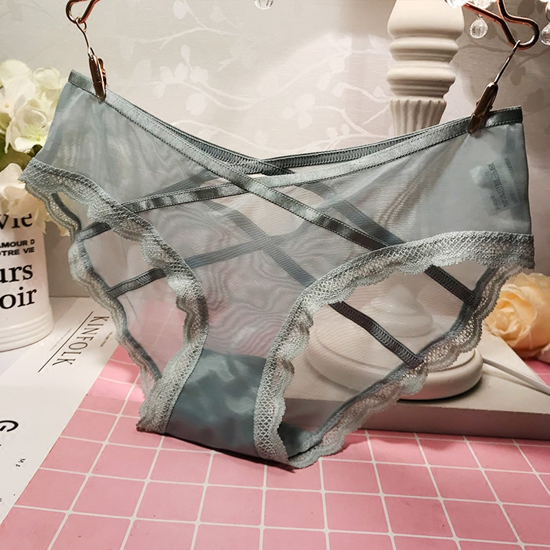 薄款弹力网纱蕾丝内裤女性感中腰女士三角裤头女学生裤衩透明