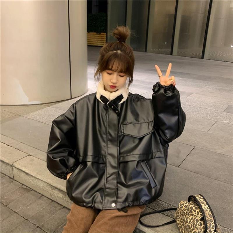 冬季韩版2021新款加绒加厚小个子宽松立领机车服pu皮衣长袖外套女
