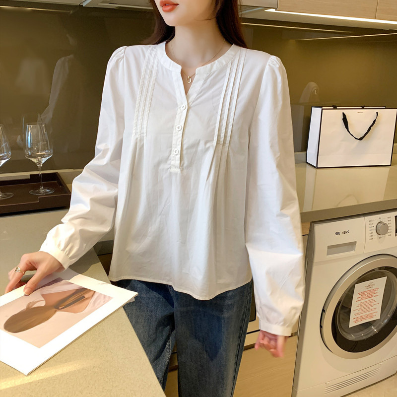 唐狮秋季新款女圆领褶皱长袖衬衫百搭别致减龄气质时尚潮流
