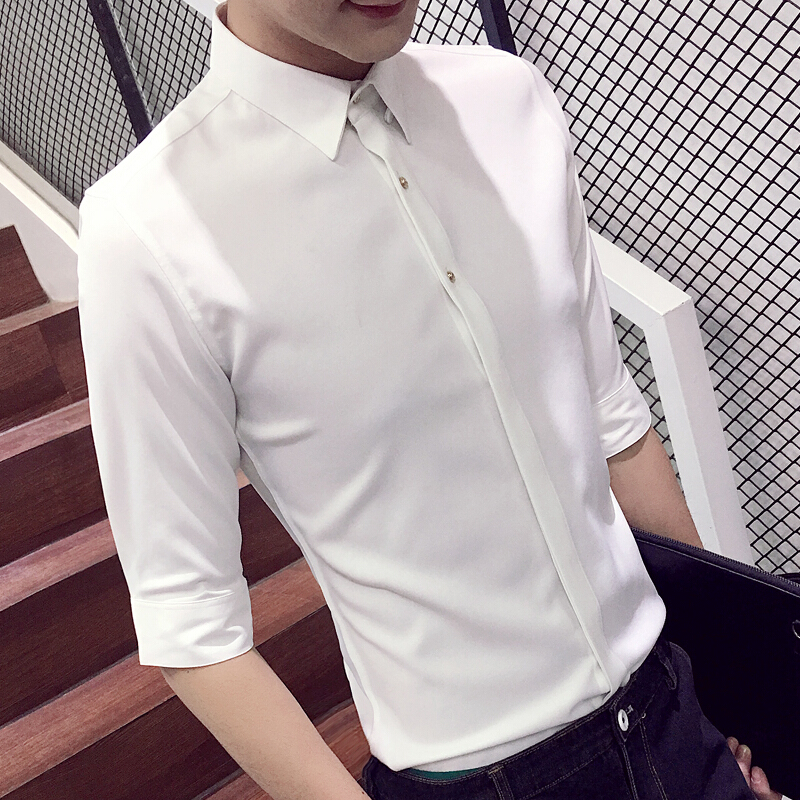 夏季修身男士短袖衬衣商务衬衫薄款韩版白型师男装七分袖衬衫