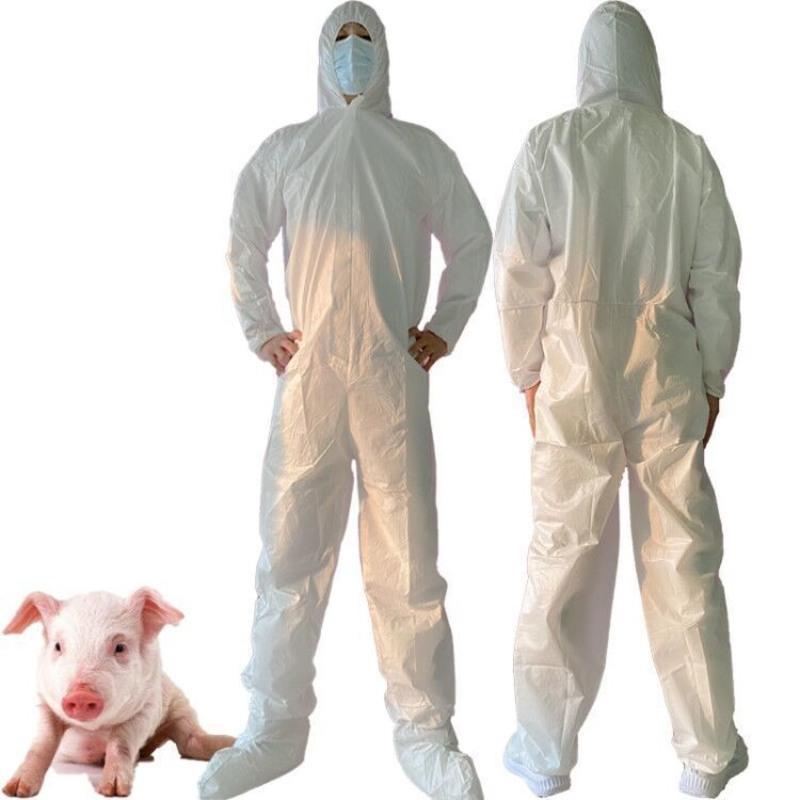 覆膜一次性全身防护服连体带帽连脚猪场畜牧业防水防臭隔离工作服 覆膜SF一次性防护服不带脚