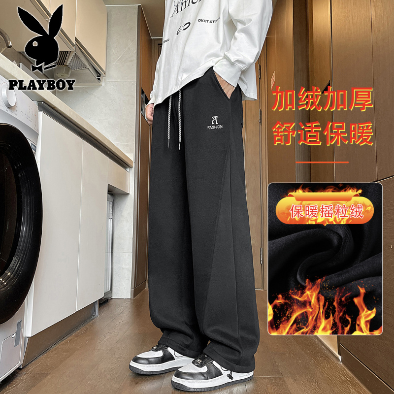 花花公子新款高品质摇粒绒加绒加厚卫裤裤子男士学生青少年卫裤_63高清大图