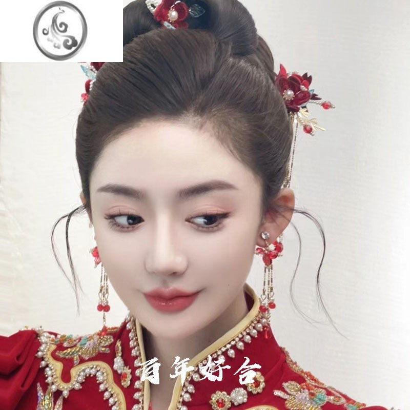 jimi新款秀禾头饰新娘敬酒服中式古装红色绒花简约结婚配饰大气高级
