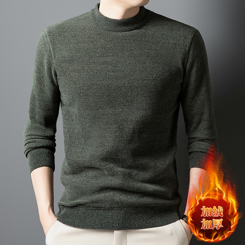 冬季男士加绒毛衣中年男式加厚T恤上衣圆领保暖针织衫长袖爸爸装_03367 绿色 3XL