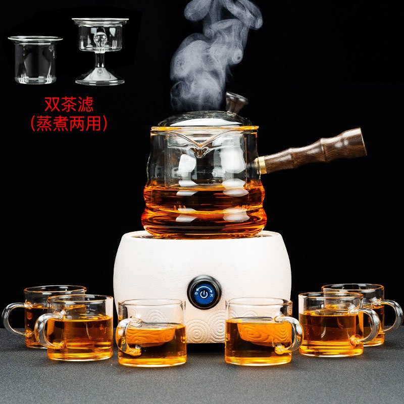 家用玻璃煮茶器黄金蛋电陶炉套装侧把烧茶壶普洱蒸汽蒸茶壶泡茶整套 丰客白陶电陶炉+格馨煮茶壶8件套