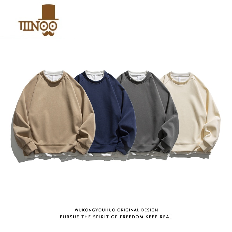 YANXU潮牌复古纯色假拼接圆领卫衣男街头宽松潮流百搭上纯高清大图