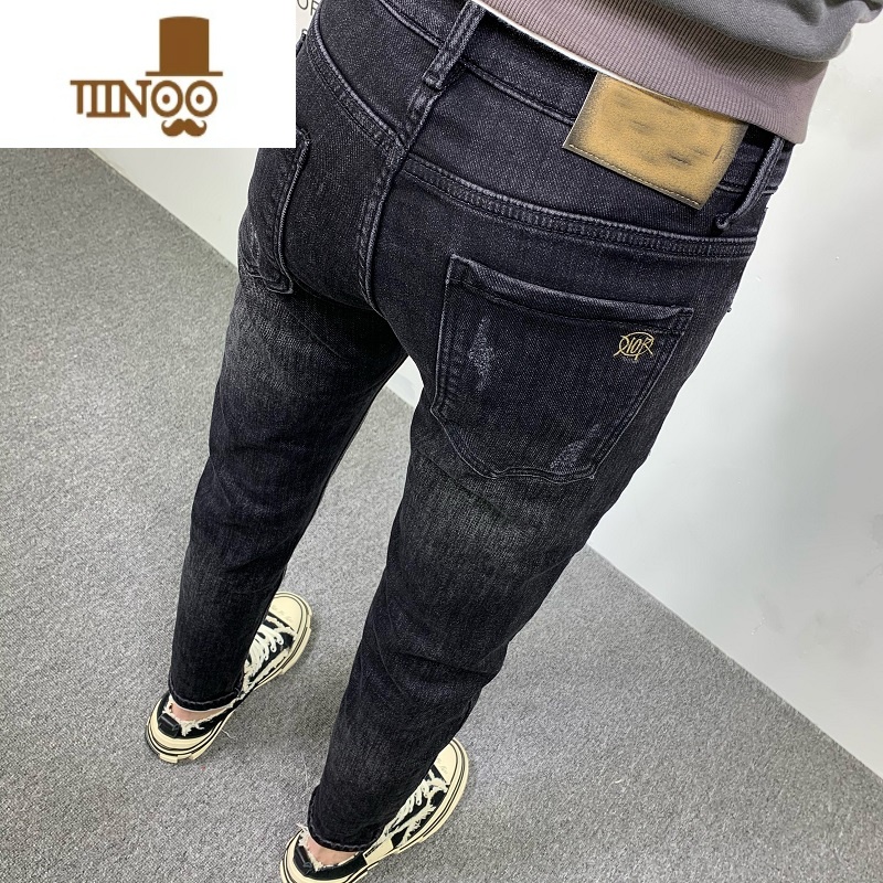 YANXU牛仔裤男士高端潮牌修身小脚2022年新款弹力百搭休闲长裤子高清大图