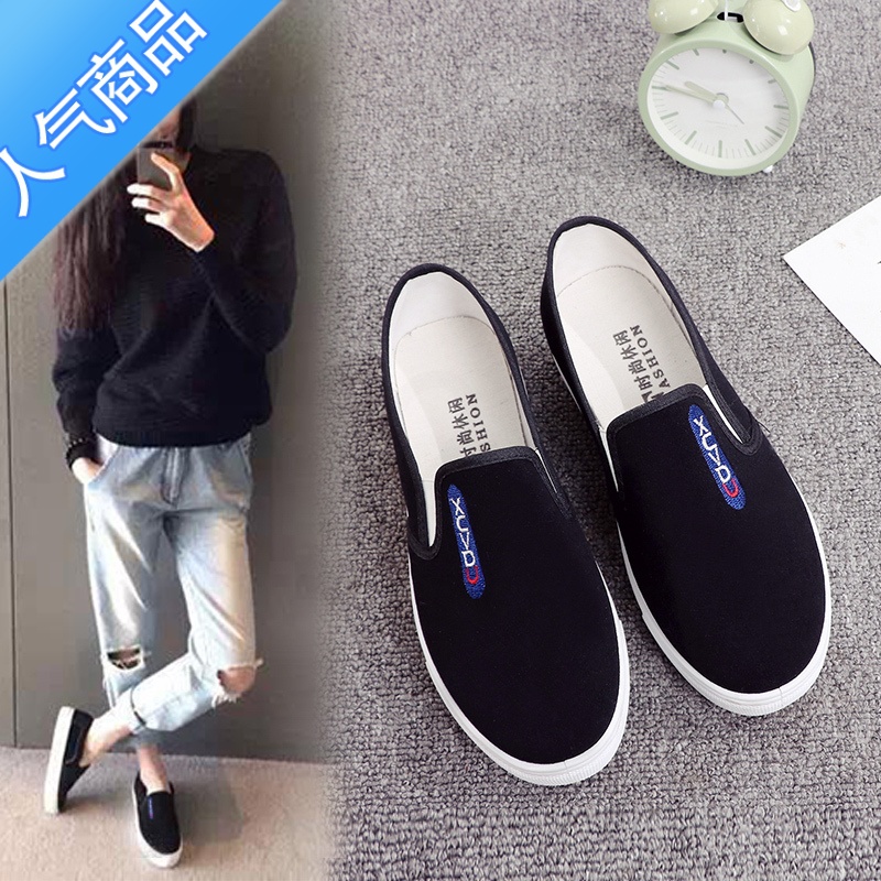 SUNTEK懒人鞋女帆布鞋一脚蹬2023老北京新款平底黑色休闲学生单鞋女布鞋高清大图