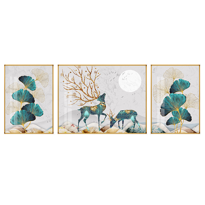 鹿风水家居客厅餐厅沙发背后挂画三件套银杏叶大象装饰画_74