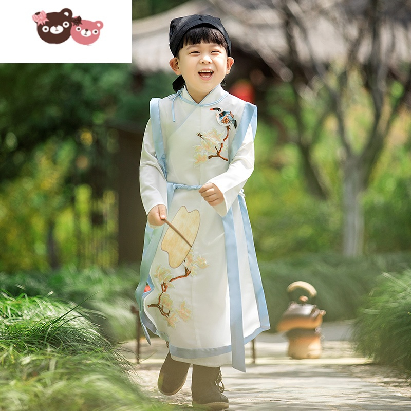 绿彩虹光儿童汉服男童古装夏装薄款古风帅气六一表演服国学服唐装演出