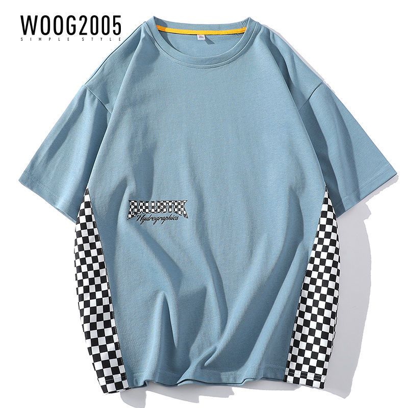 WOOG2005 短袖T恤男拼接棋盘格运动情侣上衣字母印花潮流简约男装