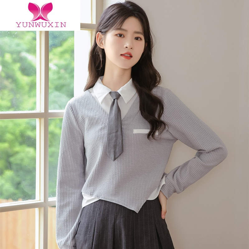 YUNWUXIN2022秋季新款学生假两件领带长袖衬衫女学院风短款外套上衣