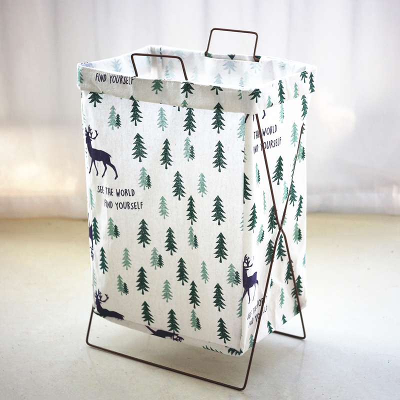 北欧布艺脏衣篮家用铁艺大号折叠脏衣篓储物收纳箱玩具衣服收纳筐 墨绿色森林小鹿38*28*55