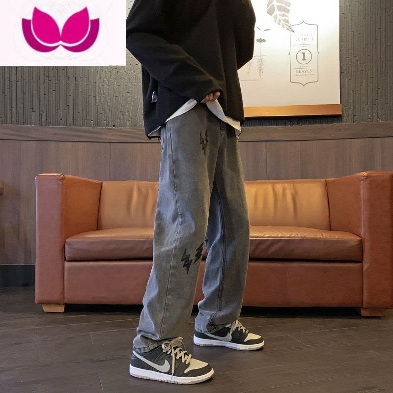 七斓美式hiphop裤子男潮复古烟灰色牛仔裤男宽松直筒oldschool裤图片