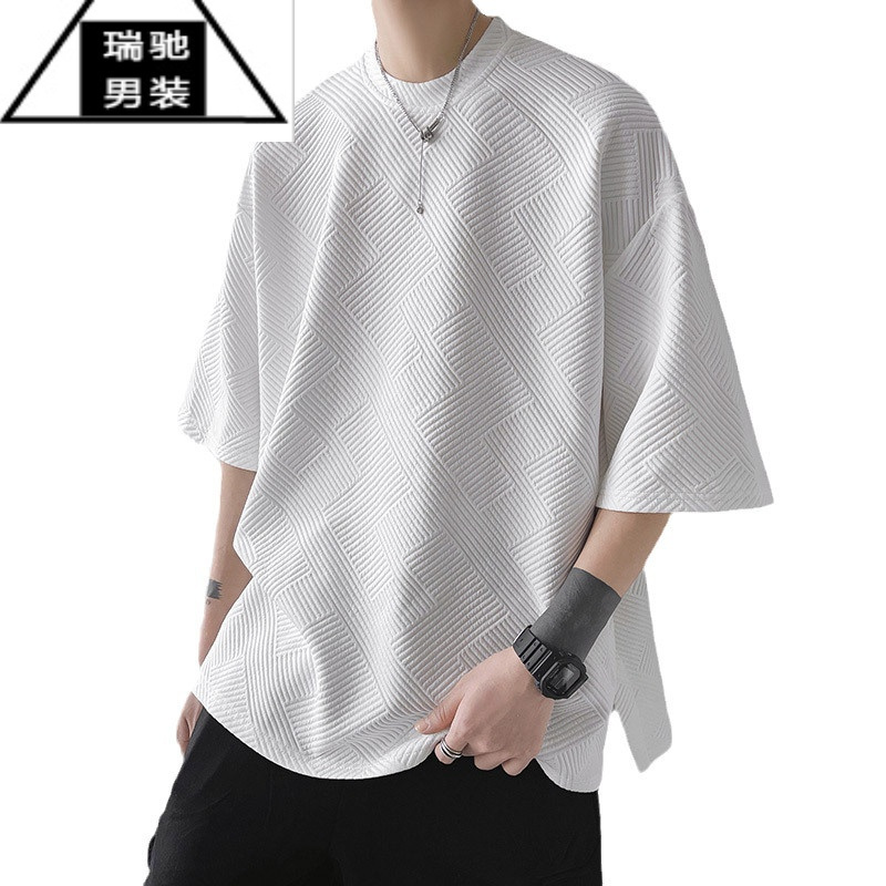 希杰狮王下摆开叉排扣短袖t恤男夏季300g美式潮牌设计感宽松圆领衣服