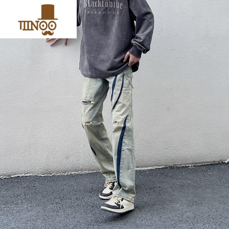 YANXU非潮勿近高街美式复古破洞牛仔裤男宽松直筒hiphop设计感宽潮宽高高清大图