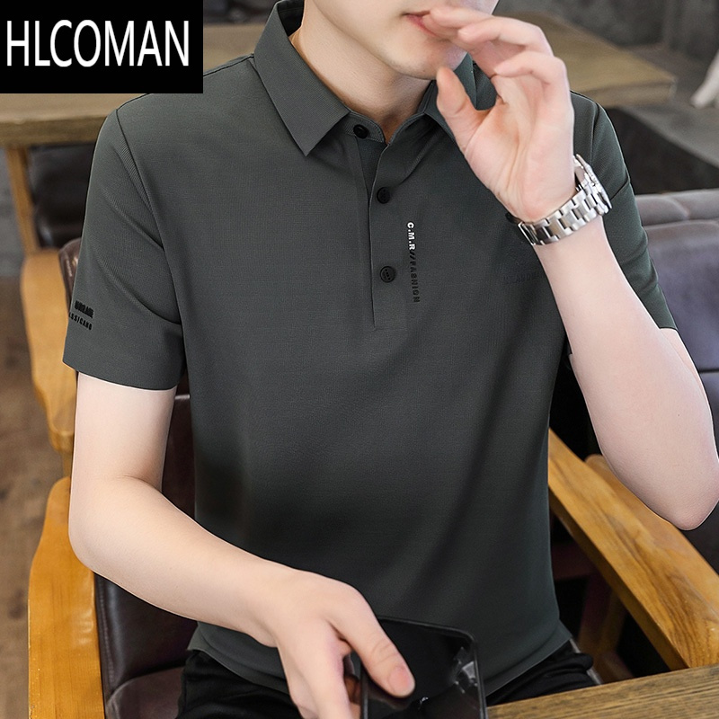 HLCOMAN冰丝无痕短袖t恤男夏季高端商务爸爸衬衫领polo衫中年半袖上衣服