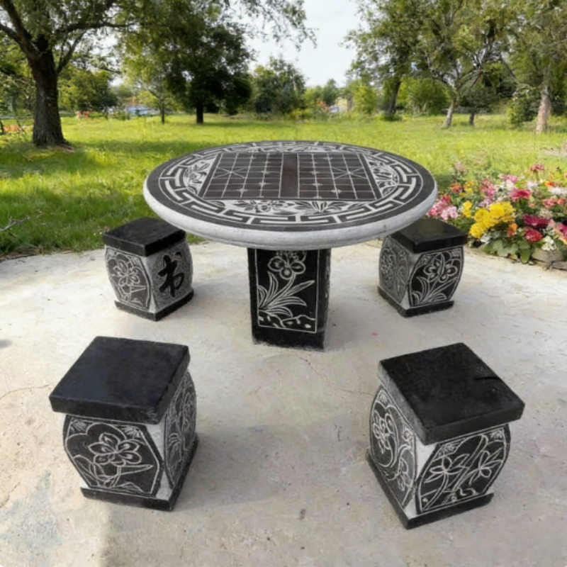 京亮剑石桌石凳庭院花园石头户外天然青石象棋盘桌子花岗岩园林公园一套 梅兰竹菊直径90cm高清大图
