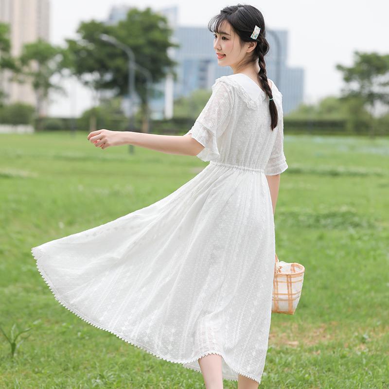 少女白色连衣裙夏季长款高初中学生夏装超仙女大童雪纺长裙子过膝白色
