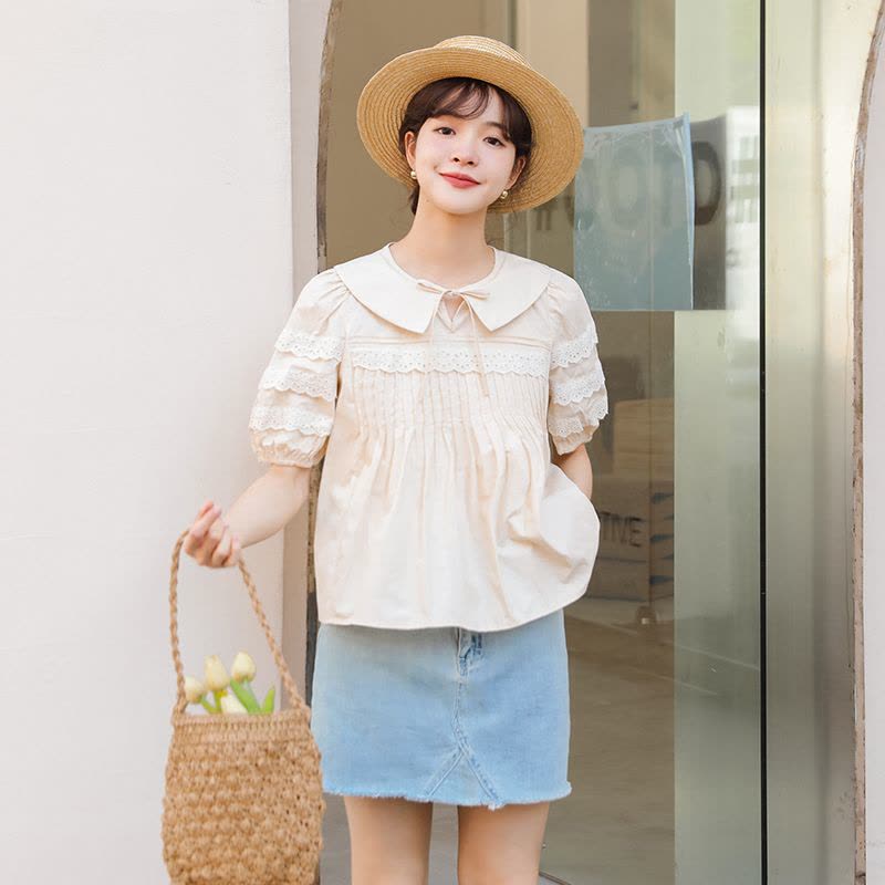 2022夏季新款韩版重工打褶花边衬衫娃娃衫上衣女图片