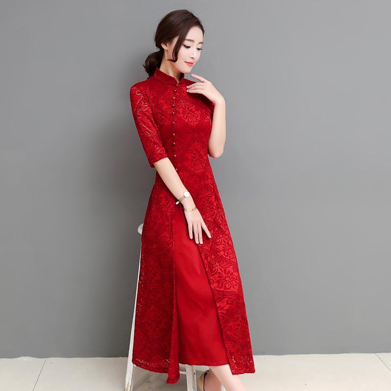 女士年春新品女装复古立领改良旗袍礼服气质开叉A字裙蕾丝连衣裙