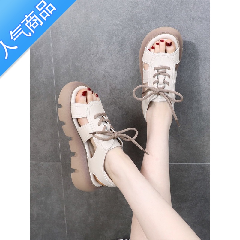 SUNTEK红青蜓厚底罗马凉鞋女夏2023新款时尚松糕镂空系带软底沙滩鞋高清大图