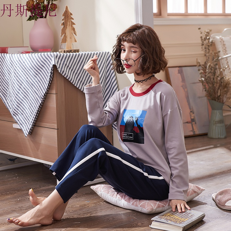 睡衣女春秋夏季纯棉长袖宽松大码可外穿阔腿裤薄款韩版家居服套装