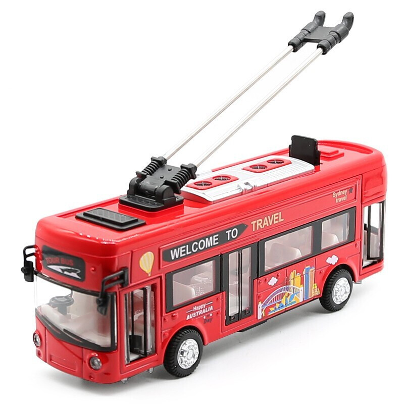 加长双节公交车巴士三开回力声光合金车模型玩具无轨电车红色