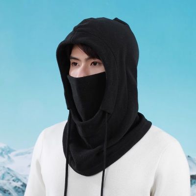 保暖帽子秋冬男女士骑行防风面罩防寒头套围脖一体帽加绒加厚 黑色（单层摇粒绒）