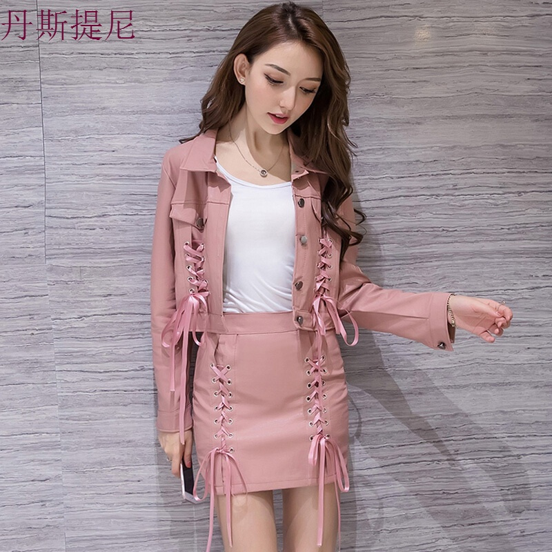秋装女韩版名媛皮衣时髦套装个性系绳开衫包臀短裙两件套