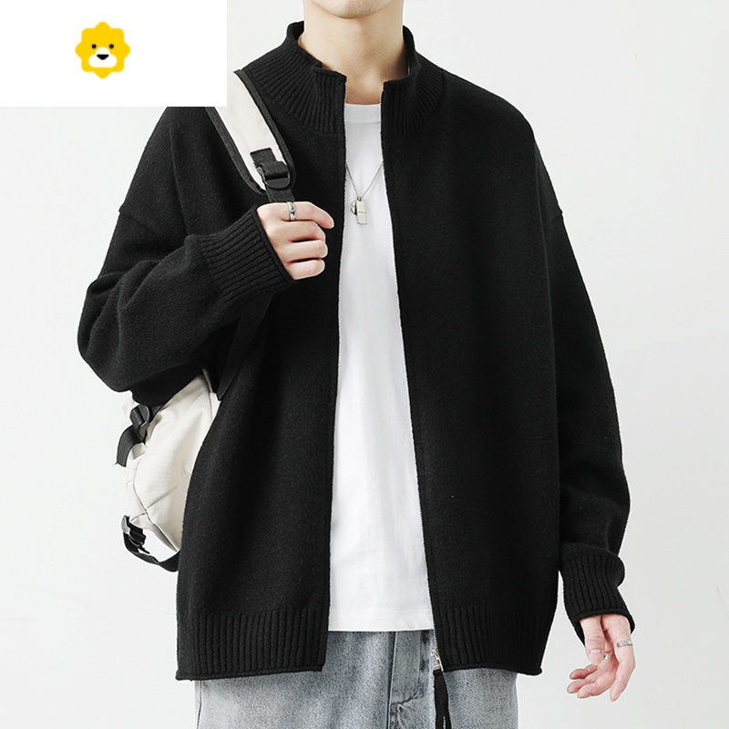 fishbasket开衫毛衣男外套春秋季宽松立领纯色针织衫男士潮牌日系加厚