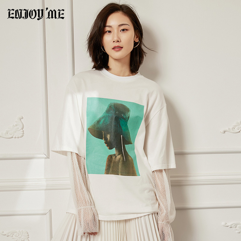 ENJOY’ME长袖T恤20女装春季新品时尚人像印花袖口拼蕾丝