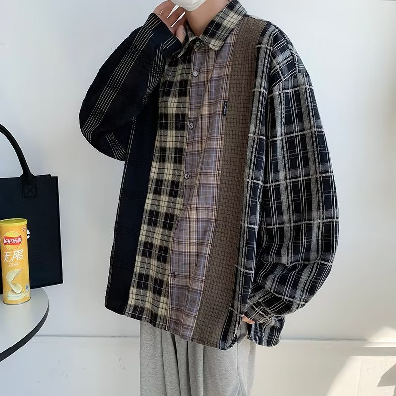gurunvani港风复古拼色衬衫男生长袖春秋季新款港味格子外套宽松衬衣