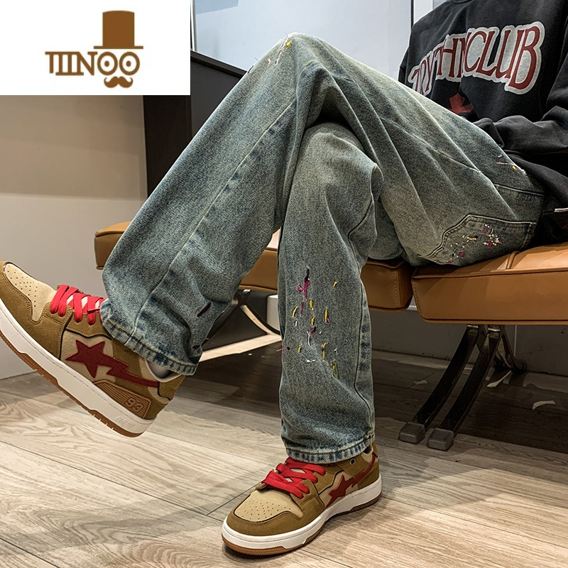 YANXU美式高街泼墨刺绣牛仔裤男vibe潮牌水洗做旧直筒宽松长裤子hiphop