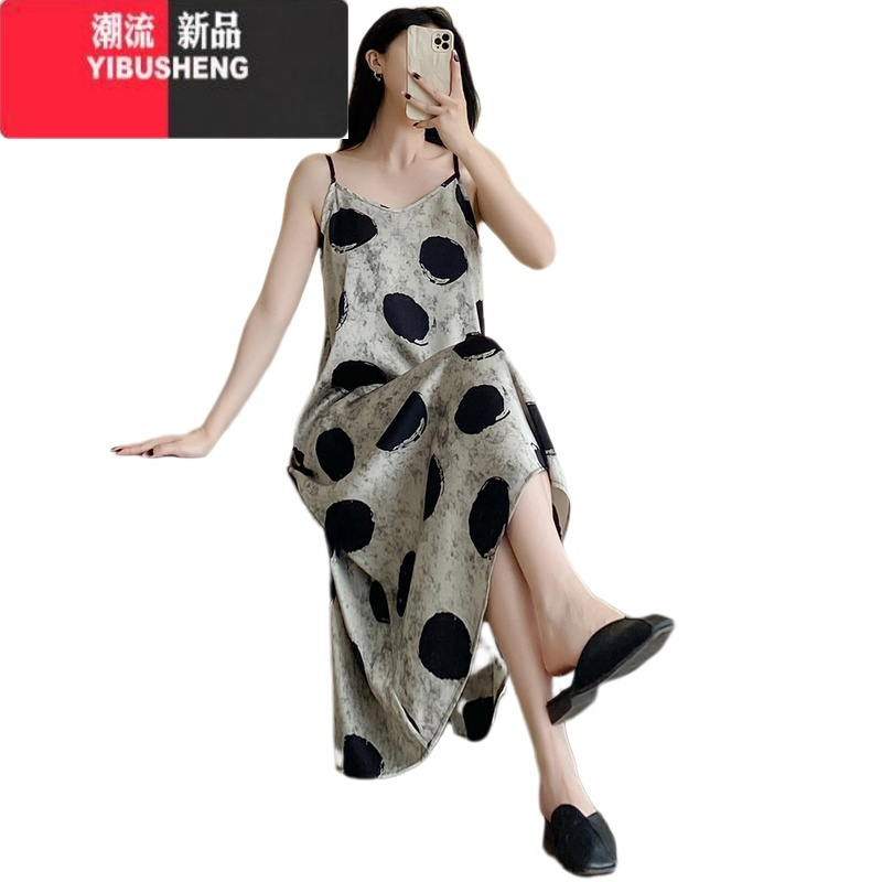 YIBUSHENG时尚气质波点吊带连衣裙女季欧货宽松显瘦醋酸缎面无袖a字长裙