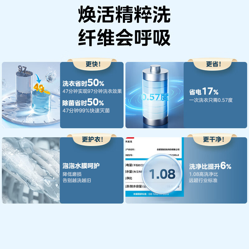 美的(Midea)滚筒洗衣机全自动 10公斤家用大容量变频电机 焕活精粹洗银离子除菌除螨洗 1.08洗净比MG100L0