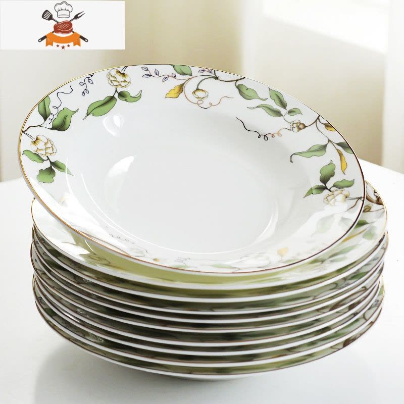 敬平10个盘子陶瓷深口菜盘汤盘家用碟子2021新款骨瓷餐盘餐具套装组合图片