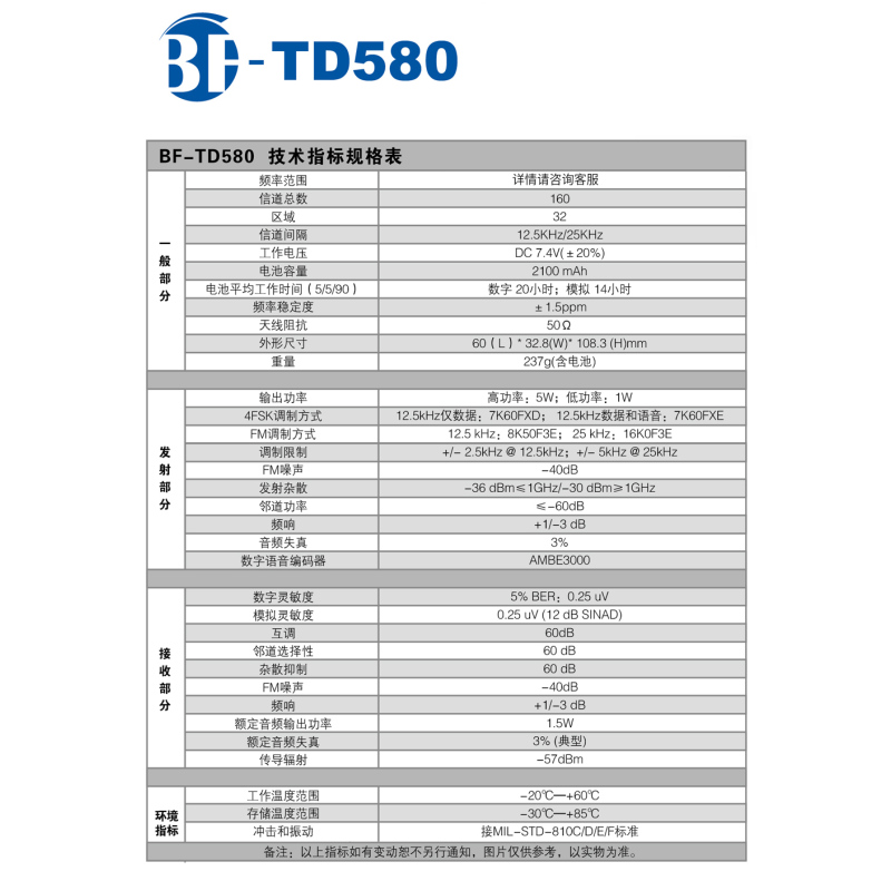 北峰(BFDX)北峰 数字对讲机BF-TD580 国产品牌 加密防串台 酒店餐厅无线户外手持对讲机