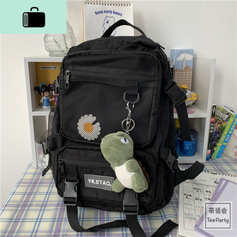 茶话会ins日系原宿机能工装双肩包男港风旅行电脑背包学生书包女NEW LAKE 黑色常规版加呆呆龙