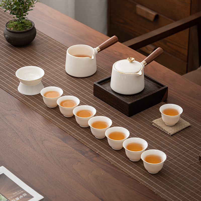 苏氏陶瓷(SUSHI CERAMICS) 描金羊脂玉茶具套装双侧把壶纯白瓷功夫茶杯8杯礼盒装套装