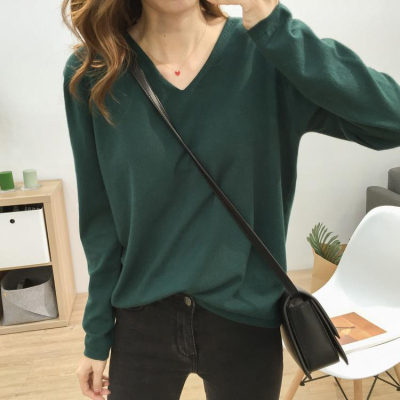 多色百搭显瘦V领纯色针织衫女软糯舒适长袖打底衫百搭上衣