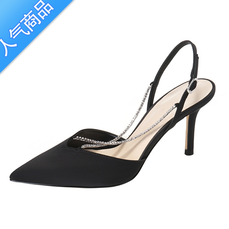 SUNTEK2023年新款黑色绸缎尖头高跟鞋女细跟单鞋夏季水钻设计感小众百搭高清大图