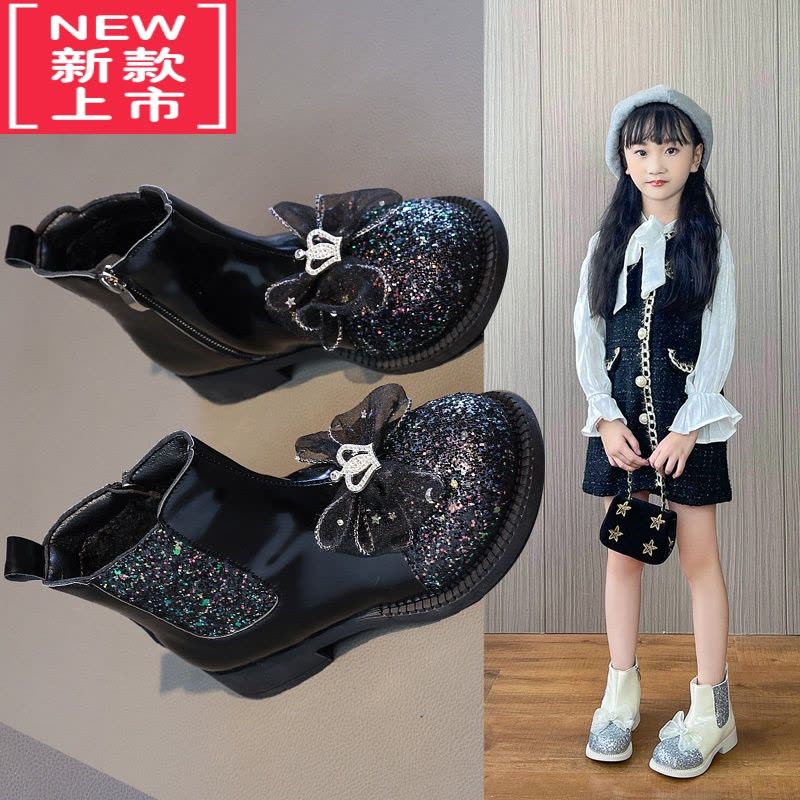可莉允女童靴子儿童春秋爱莎2022新款宝宝马丁靴冬加绒皮靴公主水晶短靴图片