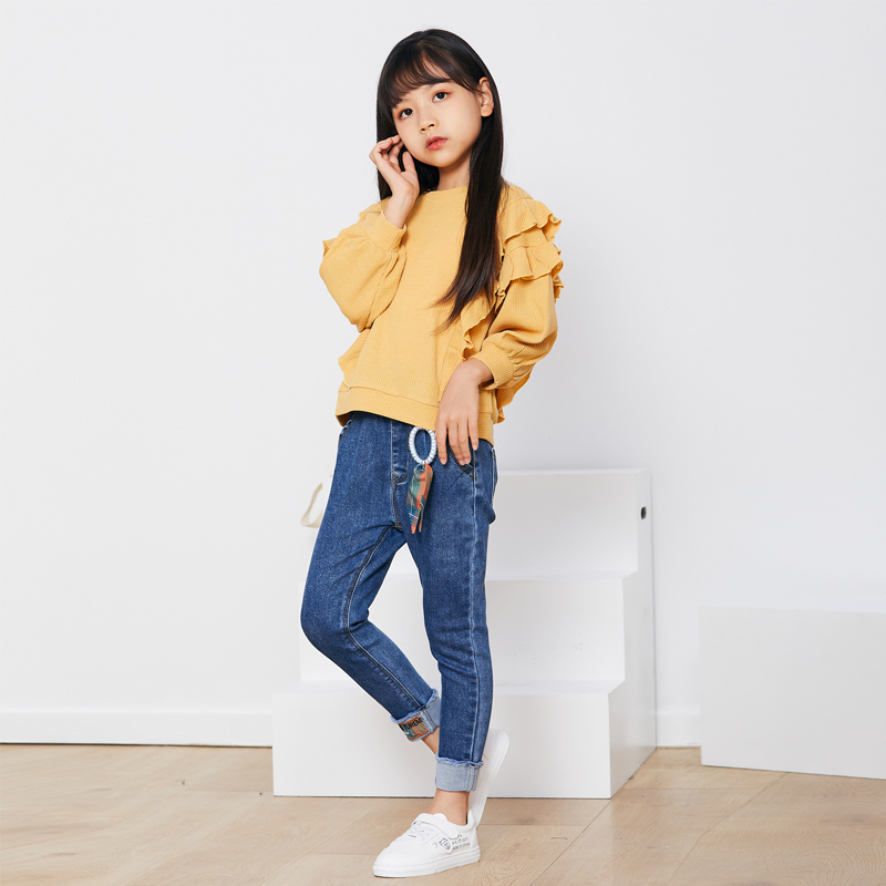 na班蒂纳女童牛仔裤秋季中大童新款宽松卷裤角松紧腰儿童休闲工装长裤