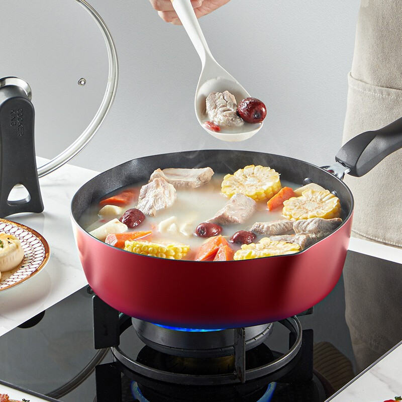 炊大皇 平底锅煎锅不粘锅加深加高炒菜锅煤气电磁炉通用牛排锅 红火深煎锅(带盖)28cm JG28HH-1!高清大图