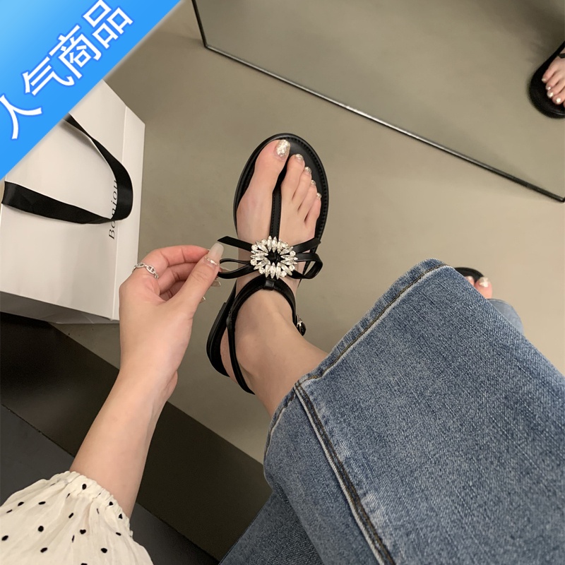 SUNTEK夹脚凉鞋女2023年新款夏季法式晚风仙女水钻蝴蝶结外穿沙滩平底鞋高清大图